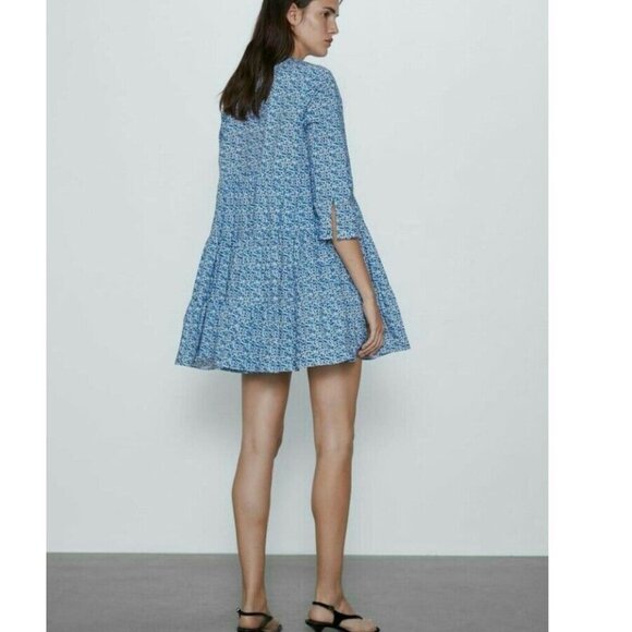 Zara Babydoll Tiered Floral Cotton Mini Dress Blue Size Medium - Picture 5 of 10
